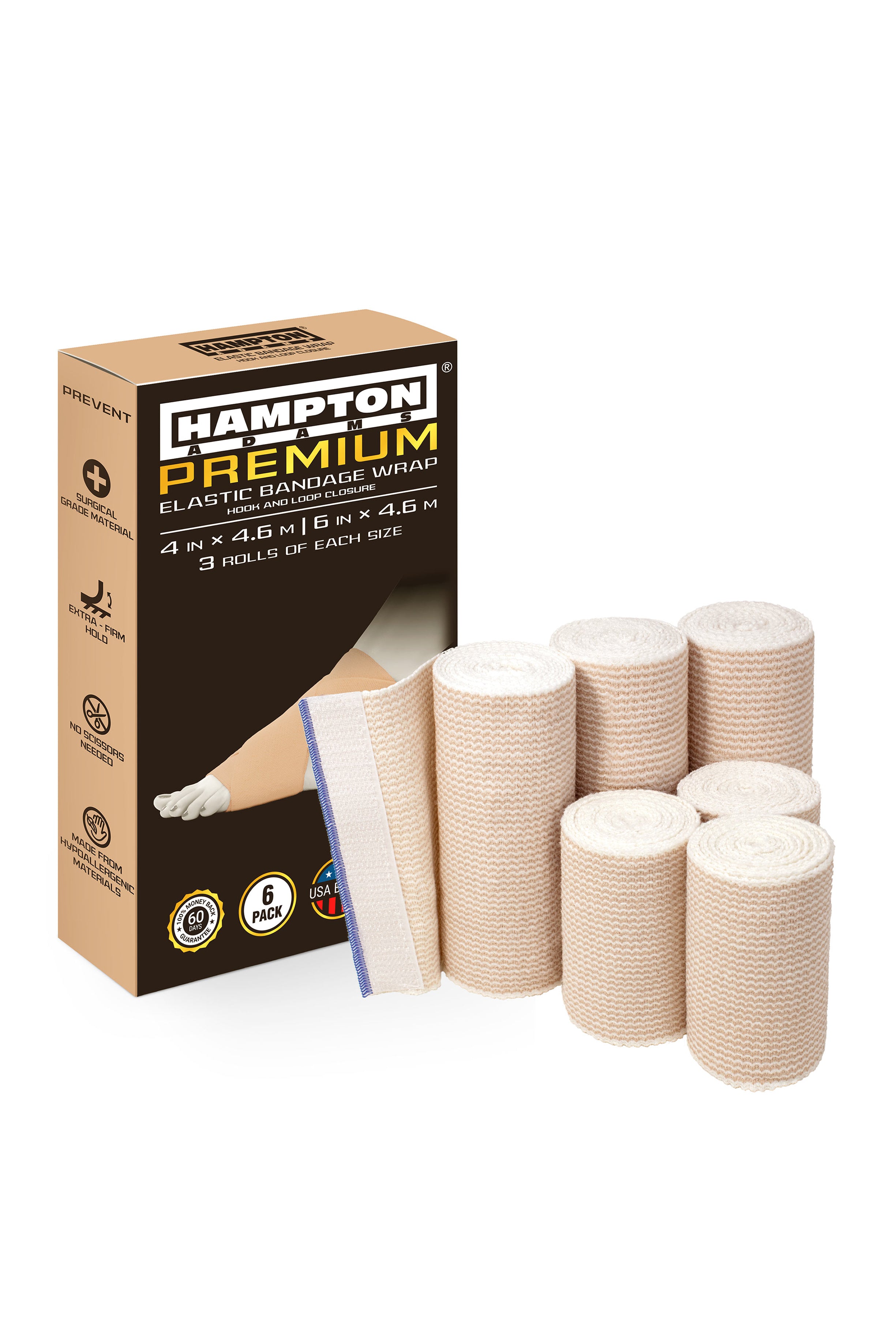 Hampton Adams | 6-Pack of Hook and Loop Elastic Bandage Wrap - Self Closing